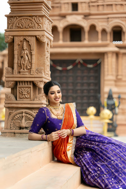 Violet checks lehenga with orange dupatta crafted in pure silk