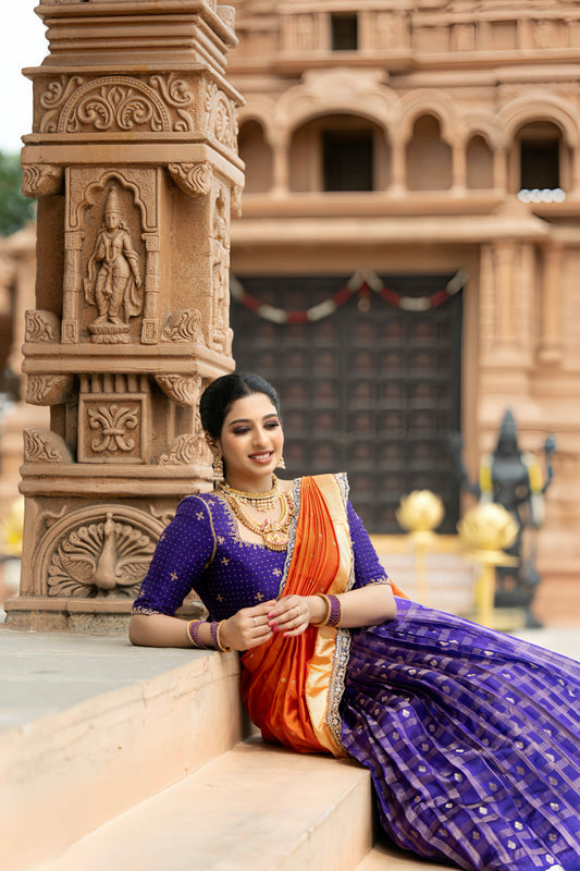 Violet checks lehenga with orange dupatta crafted in pure silk