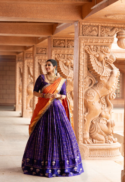 Violet checks lehenga with orange dupatta crafted in pure silk