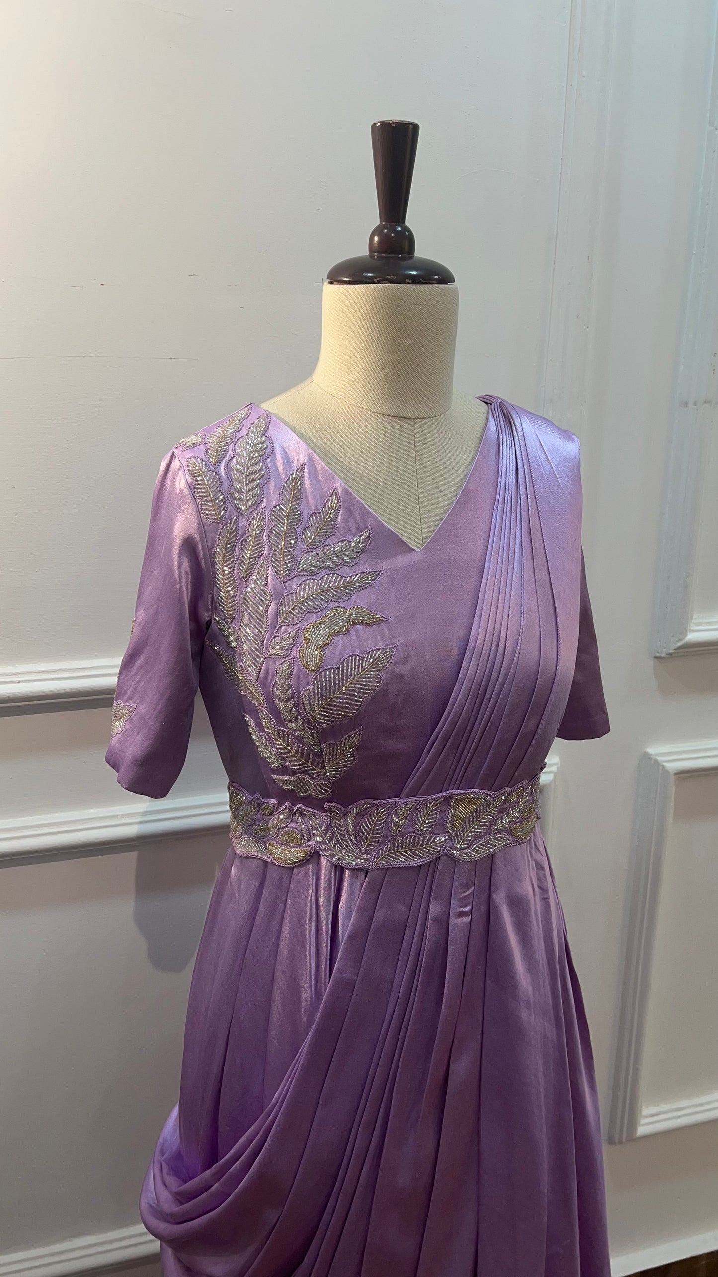 Lavender Pure Satin Draped Gown with Hand Embroidery