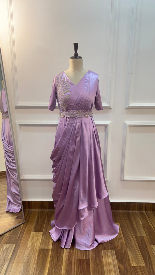 Lavender Pure Satin Draped Gown with Hand Embroidery