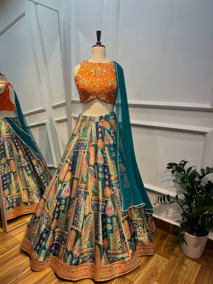 Banarasi Lehenga with Hand-Embroidered Raw Silk Blouse.