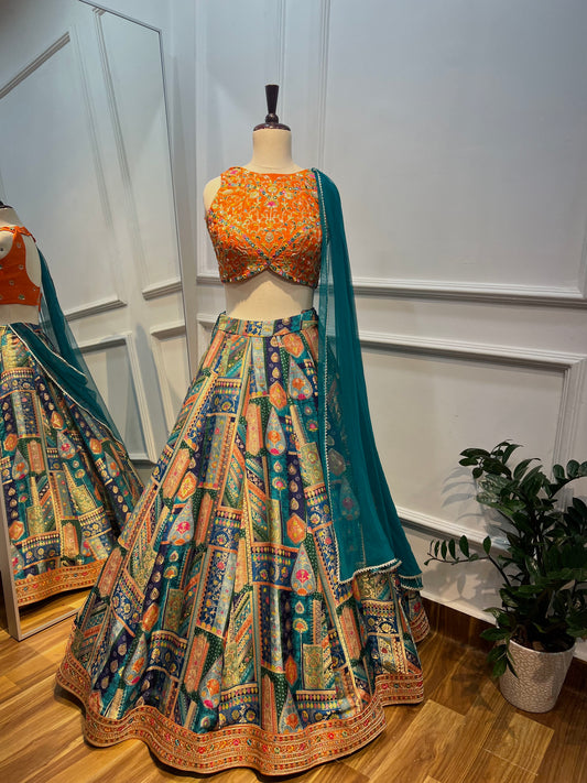Banarasi Lehenga with Hand-Embroidered Raw Silk Blouse.