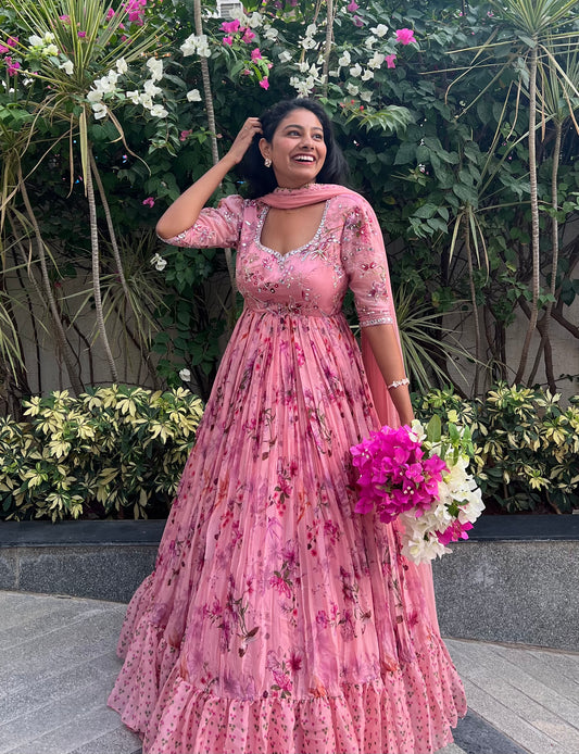 Peach Pink Floral Silk Organza Gown
