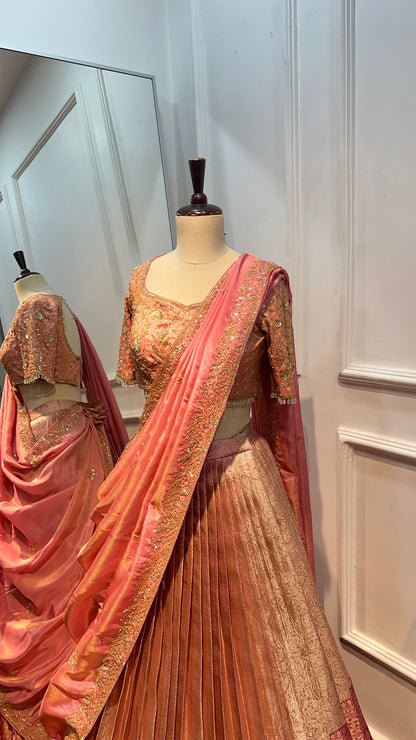 Tissue Pattu Lehenga Set with Hand Embroidered Raw Silk Blouse & Tissue Dupatta