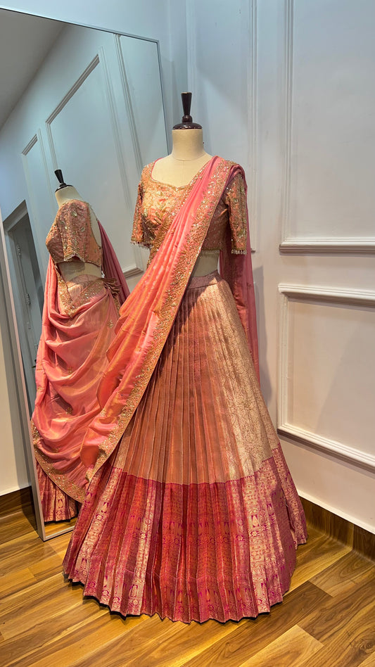 Tissue Pattu Lehenga Set with Hand Embroidered Raw Silk Blouse & Tissue Dupatta