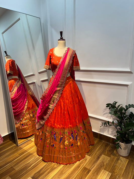 Paithani Lehenga with Muniya Border Dupatta & Hand Embroidered Raw Silk Blouse