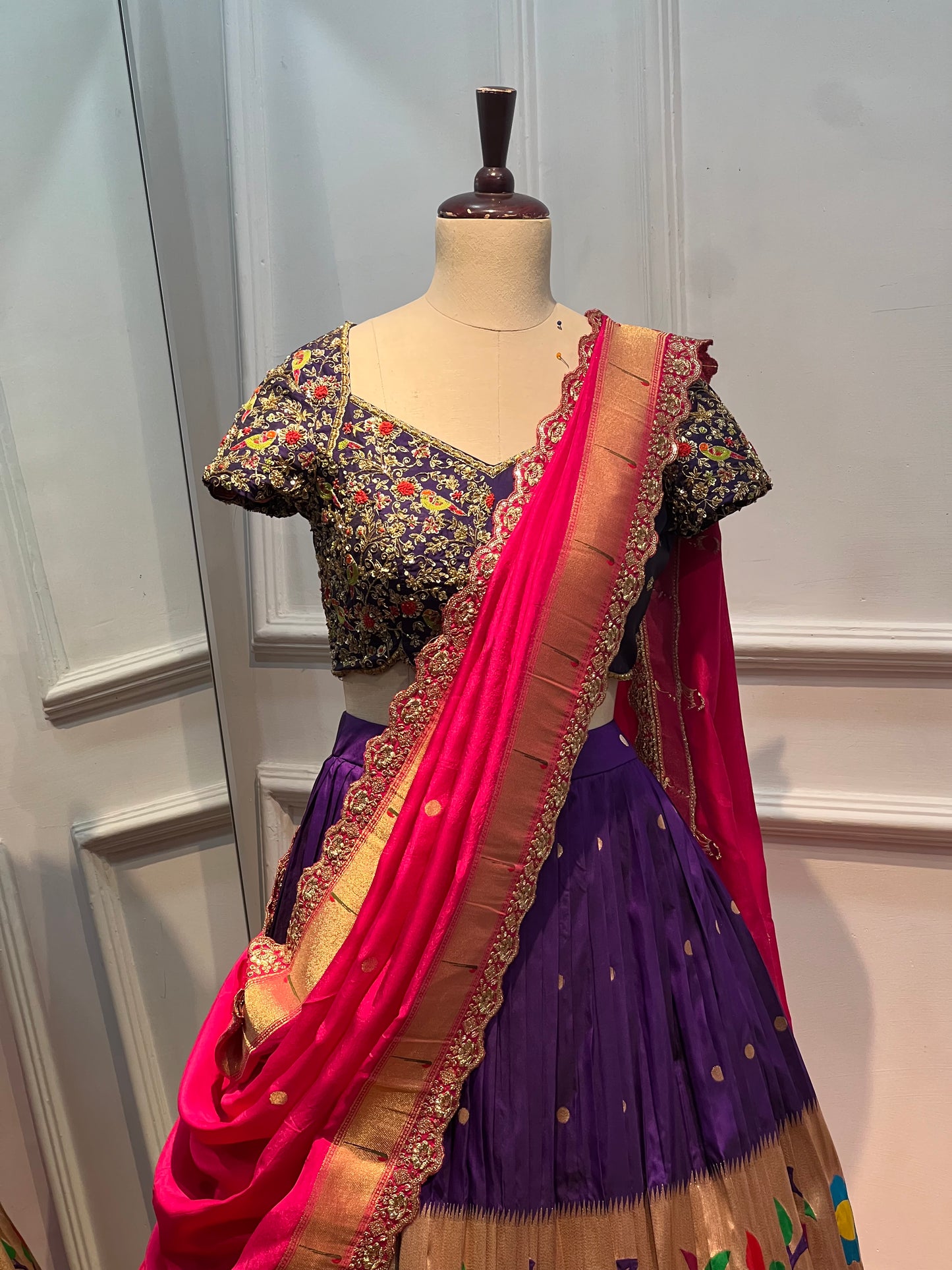 Paithani Silk Lehenga with Hand Embroidered Pure Pattu Blouse & Paithani Dupatta