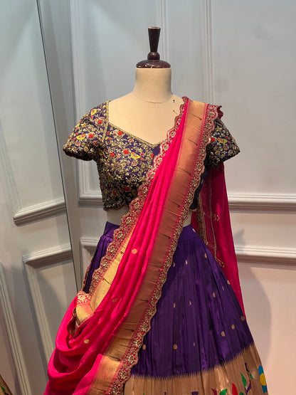 Paithani Silk Lehenga with Hand Embroidered Pure Pattu Blouse & Paithani Dupatta
