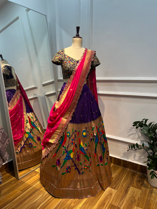 Paithani Silk Lehenga with Hand Embroidered Pure Pattu Blouse & Paithani Dupatta