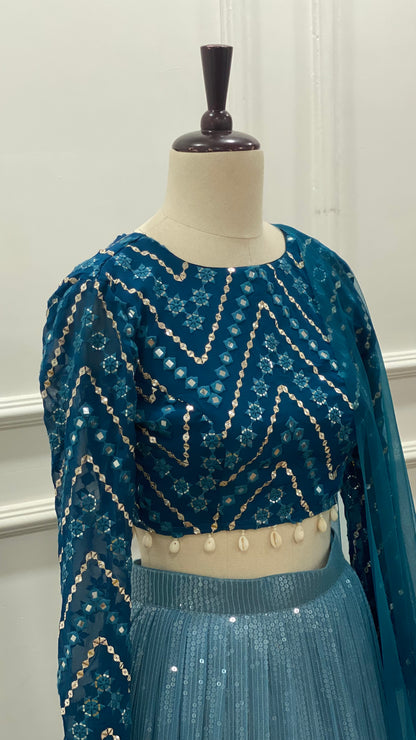 Teal Blue Sequin Lehenga Set with Mirror Work Blouse & Net Dupatta
