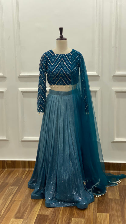 Teal Blue Sequin Lehenga Set with Mirror Work Blouse & Net Dupatta