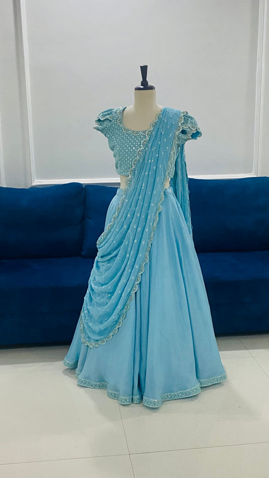 Powder Blue Mirror Work Lehenga Set in Tussar Silk