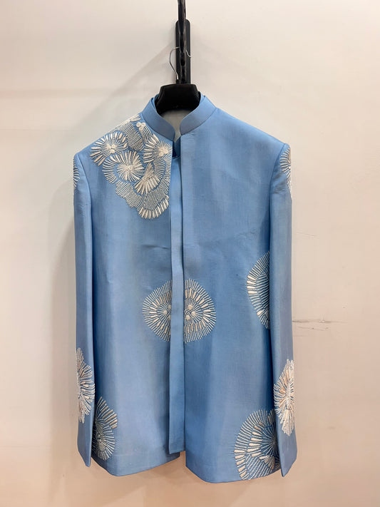 Sky Blue Silk Open Sherwani with Hand Embroidery
