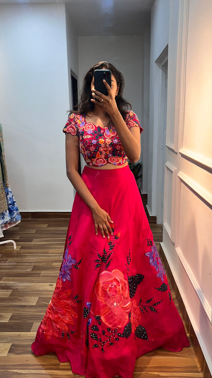 Hand-Painted Tussar Silk Lehenga with Embroidered Raw Silk Blouse