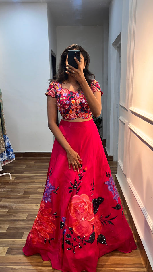 Hand-Painted Tussar Silk Lehenga with Embroidered Raw Silk Blouse