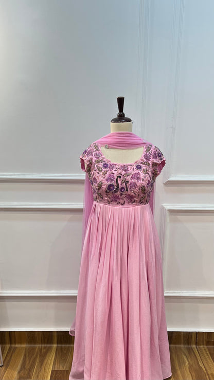 Baby Pink Georgette Gown with Swan Motif Handwork