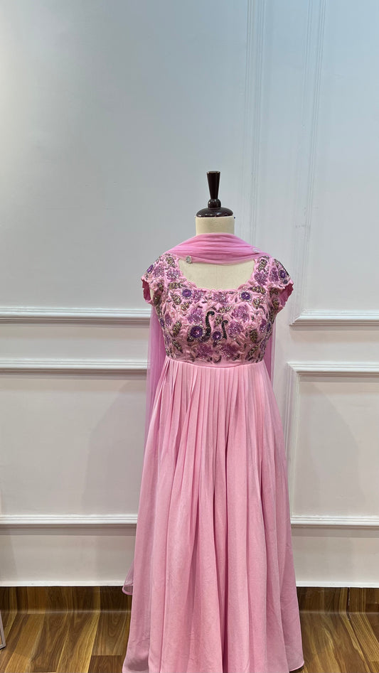 Baby Pink Georgette Gown with Swan Motif Handwork