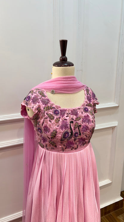 Baby Pink Georgette Gown with Swan Motif Handwork