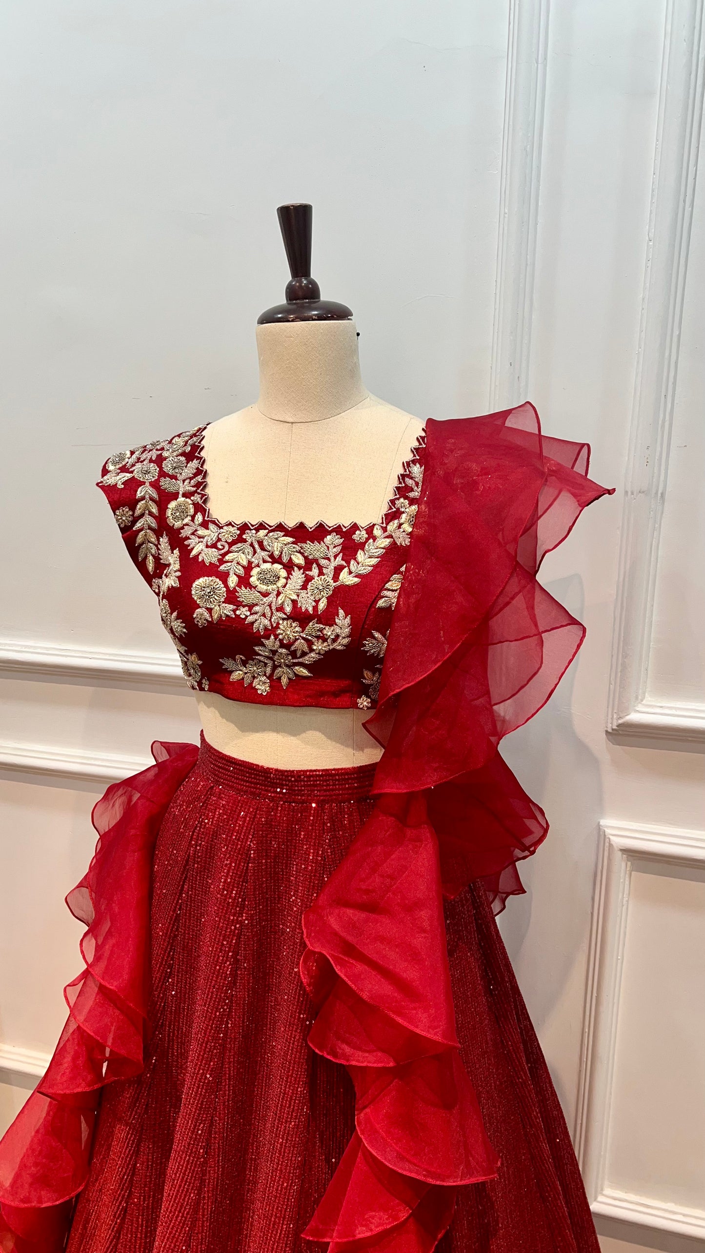 Zardosi Embroidered Raw Silk Blouse with Sequins Lehenga & Ruffled Organza Dupatta