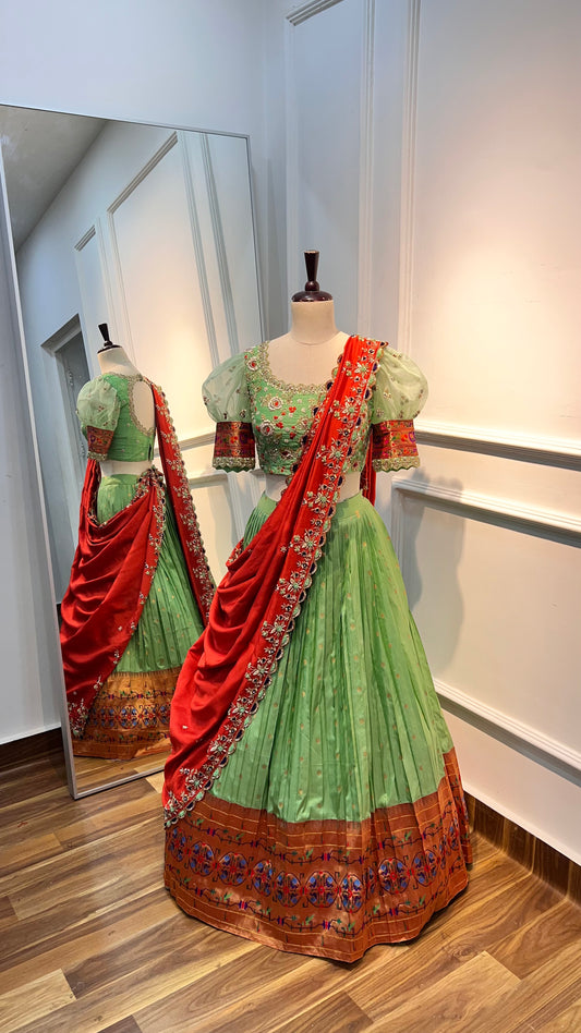 Mint Green Pure Paithani Half Saree with Handwork Blouse & Silk Chanderi Dupatta