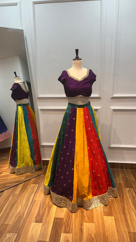 Multicolor Mirror Work Kali Lehenga Set