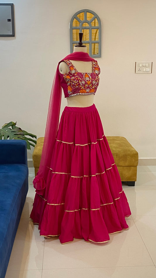 Hand Embroidered Crop Top Lehenga with Raw Silk Blouse & Flowy Georgette Lehenga