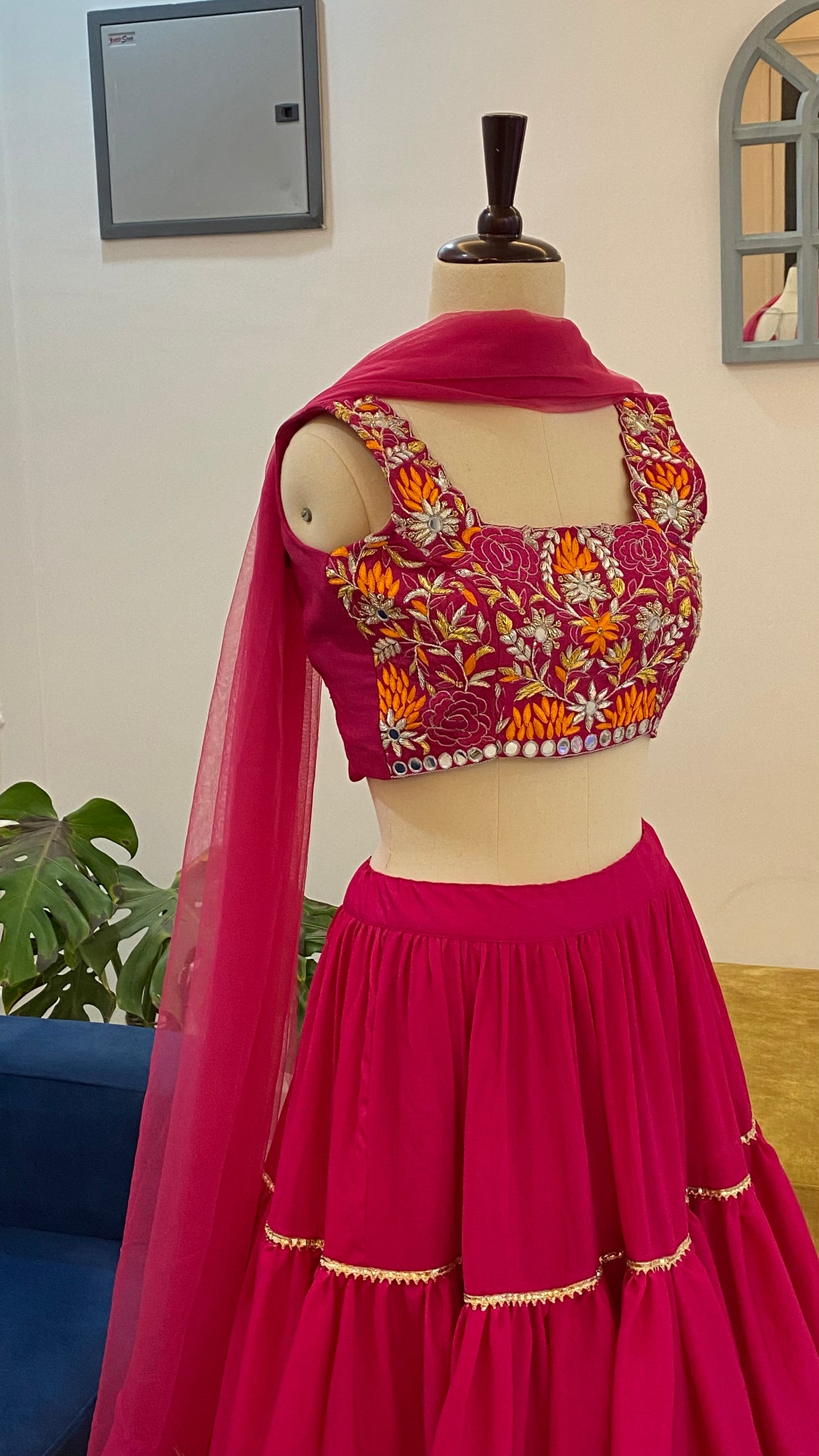 Hand Embroidered Crop Top Lehenga with Raw Silk Blouse & Flowy Georgette Lehenga