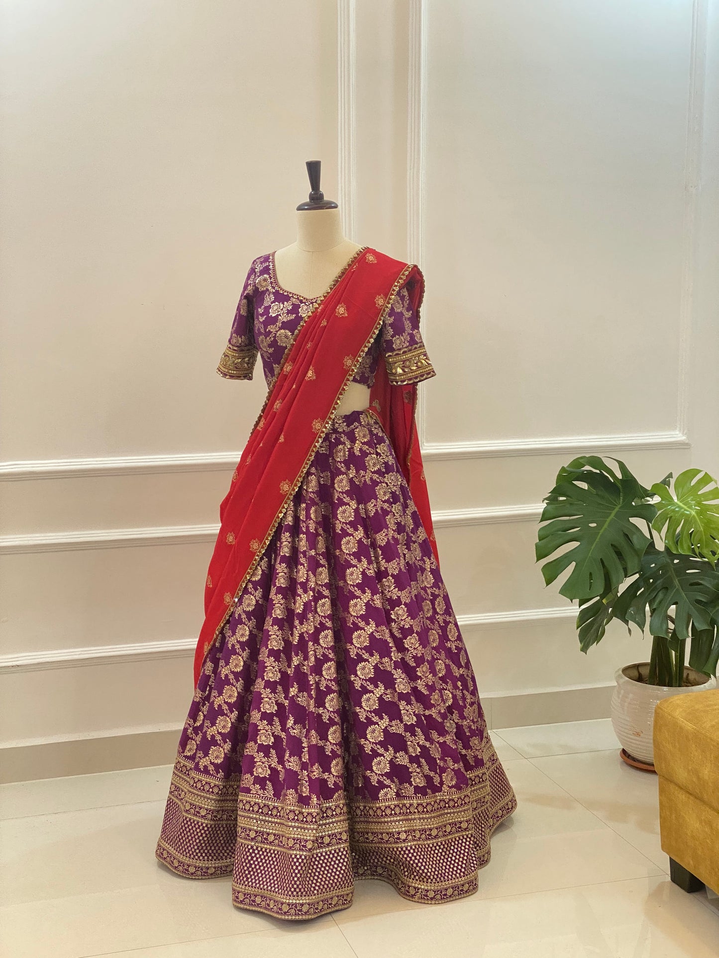 Banarasi Lehenga Set with Hand-Embroidered Blouse and Chinon Dupatta