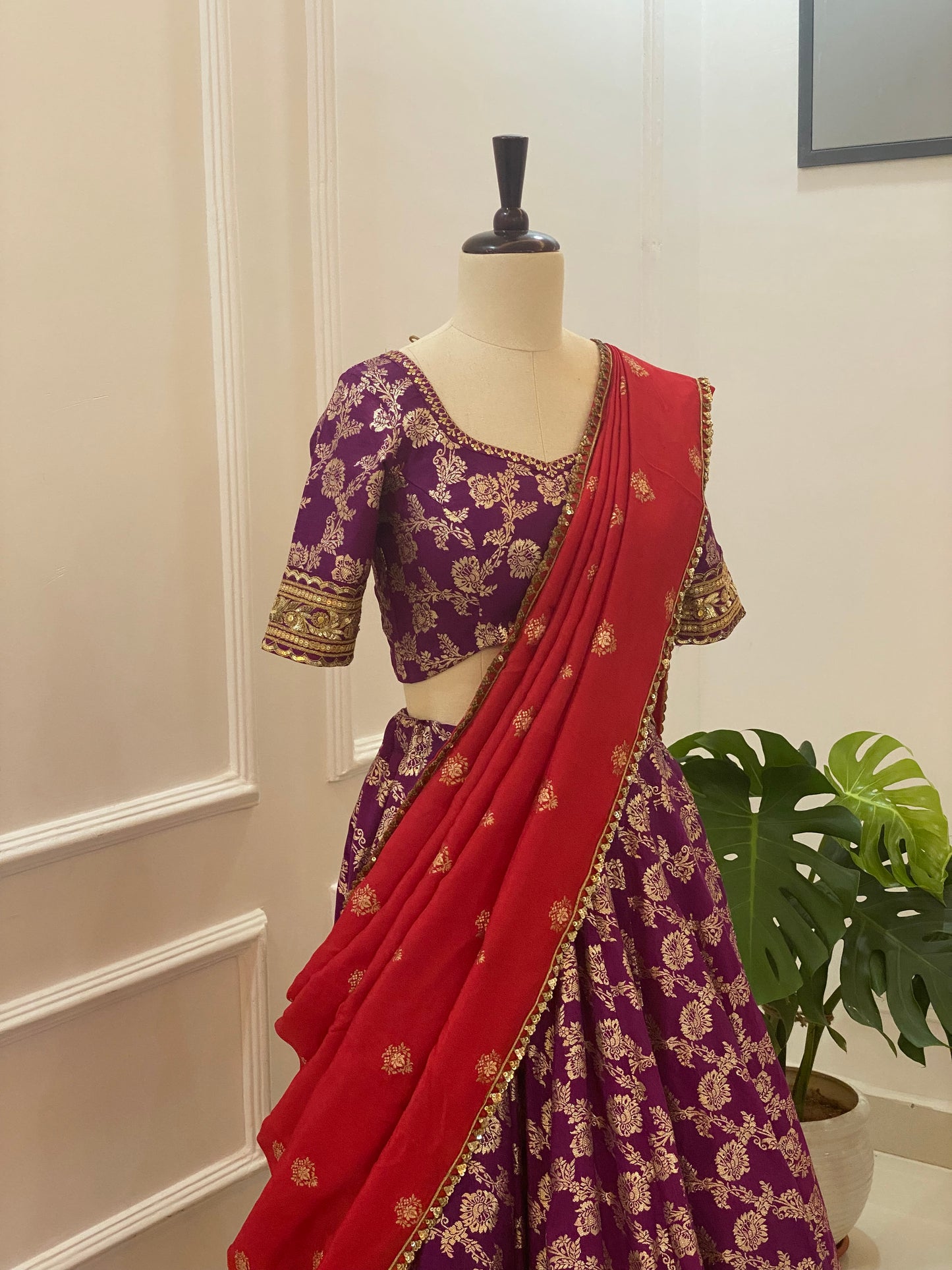 Banarasi Lehenga Set with Hand-Embroidered Blouse and Chinon Dupatta