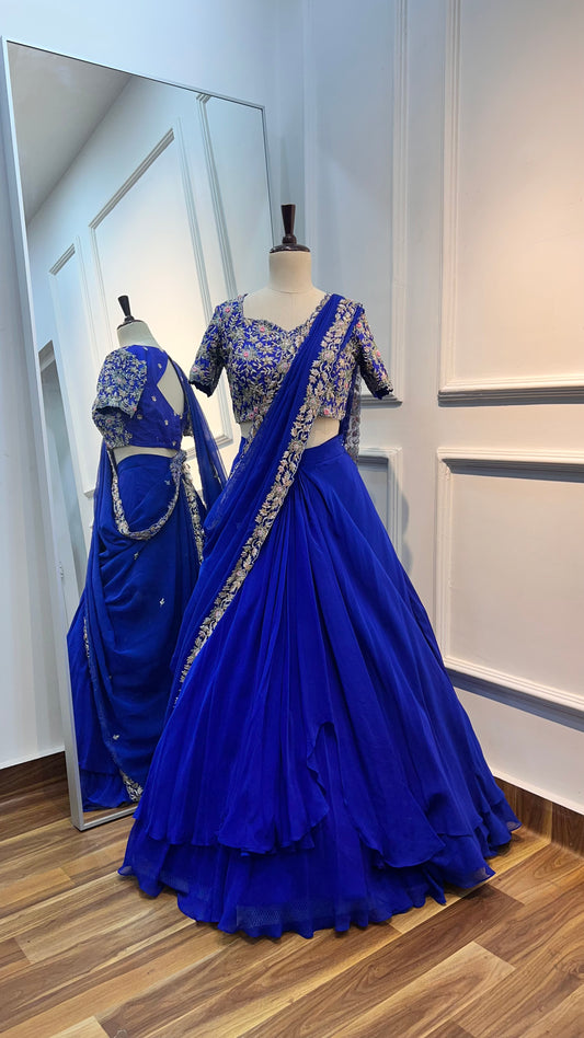 Royal Blue Georgette Lehenga with Intricate Hand Embroidery