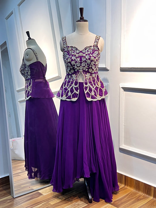 Hand-Embroidered Peplum Top Lehenga in Royal Purple