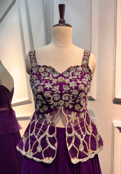 Hand-Embroidered Peplum Top Lehenga in Royal Purple
