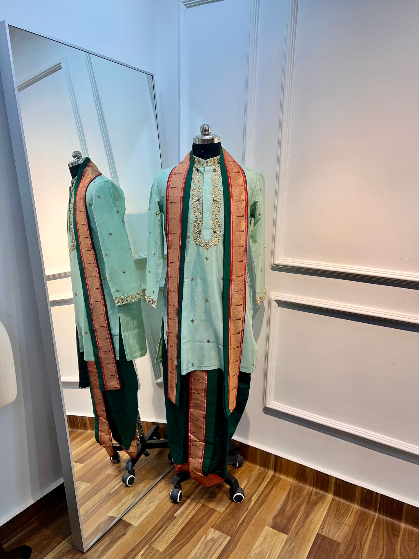 Mint Green Silk Paithani Dhoti Set with Hand-Embroidered Kurta