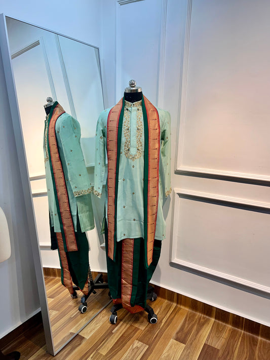 Mint Green Silk Paithani Dhoti Set with Hand-Embroidered Kurta