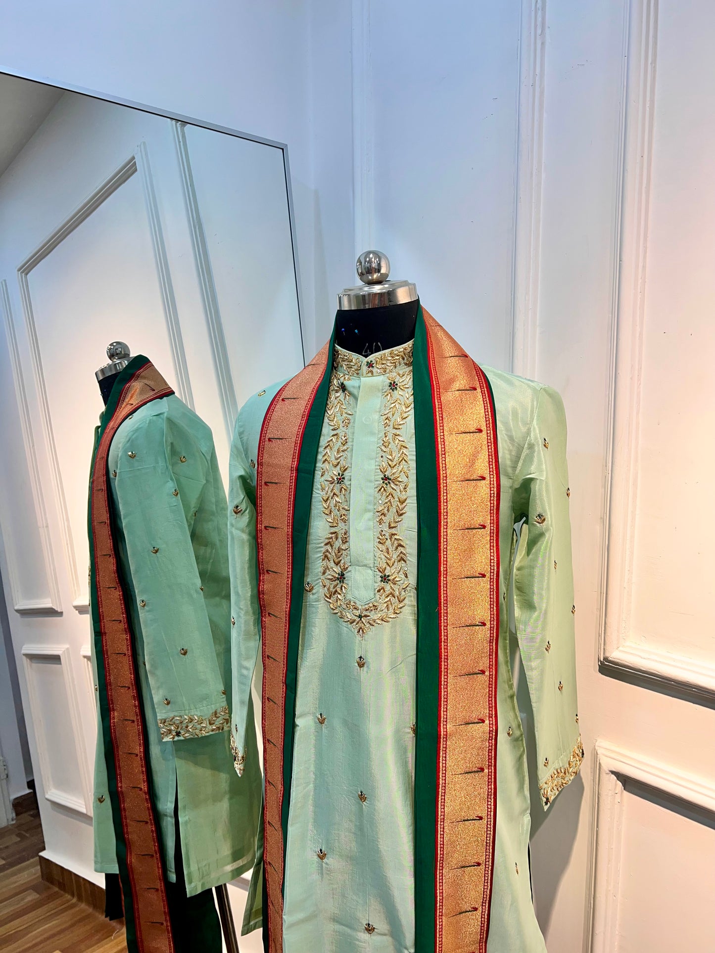 Mint Green Silk Paithani Dhoti Set with Hand-Embroidered Kurta