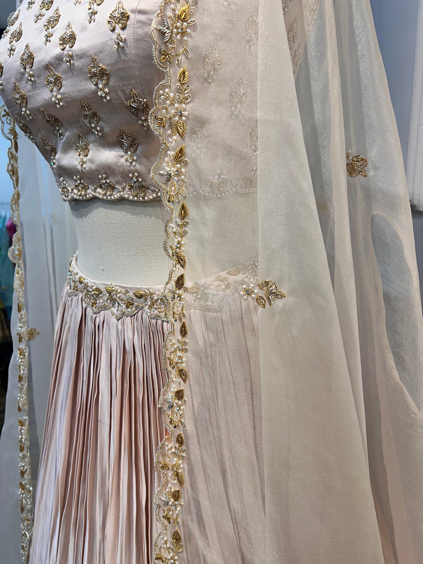 Blush Pink Satin Raw Silk Lehenga Set with Embellished Organza Cape
