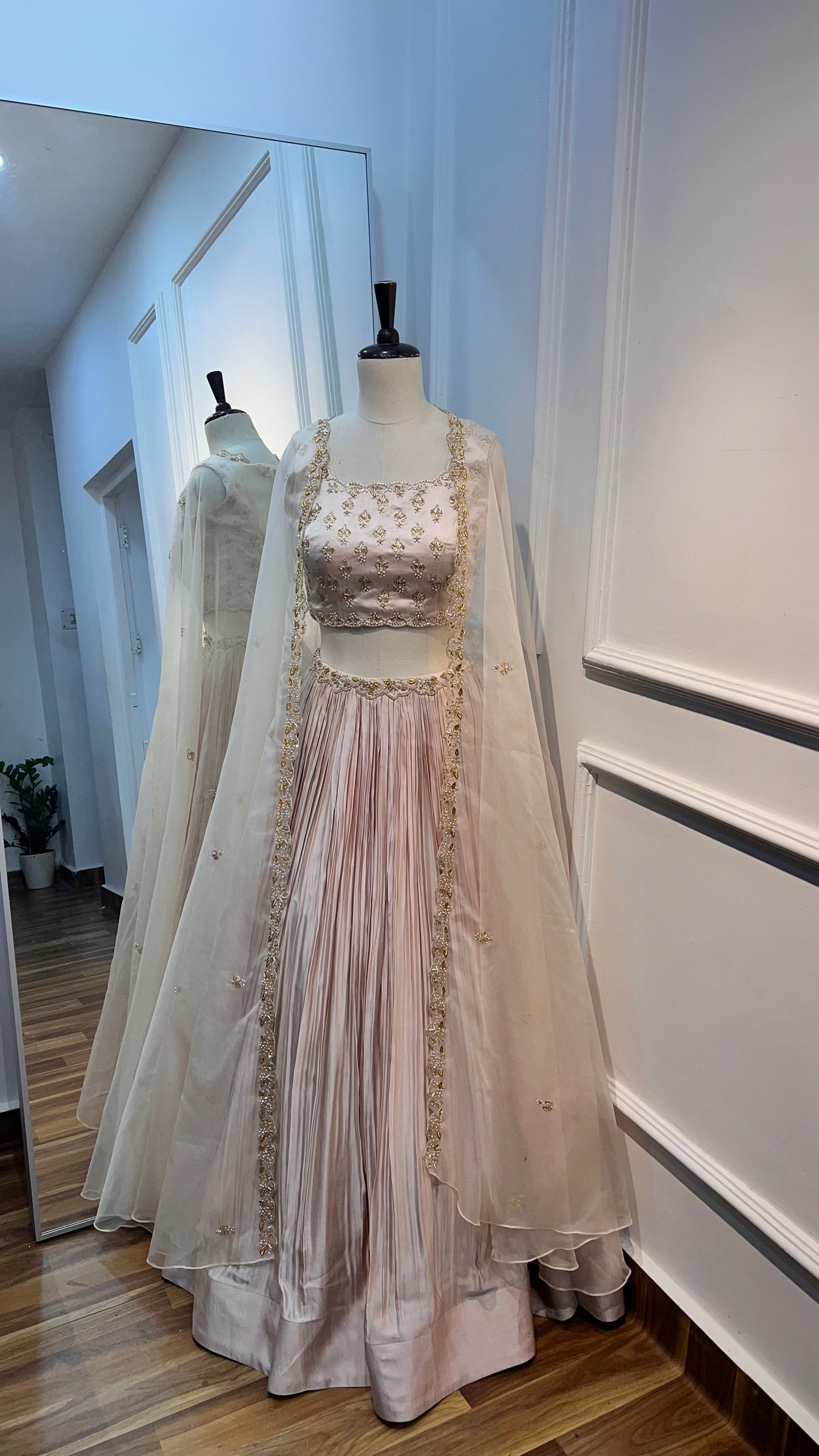 Blush Pink Satin Raw Silk Lehenga Set with Embellished Organza Cape