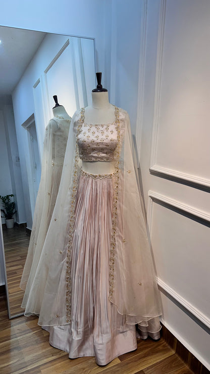 Blush Pink Satin Raw Silk Lehenga Set with Embellished Organza Cape