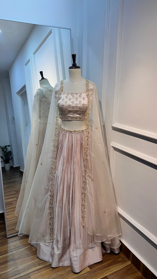 Blush Pink Satin Raw Silk Lehenga Set with Embellished Organza Cape