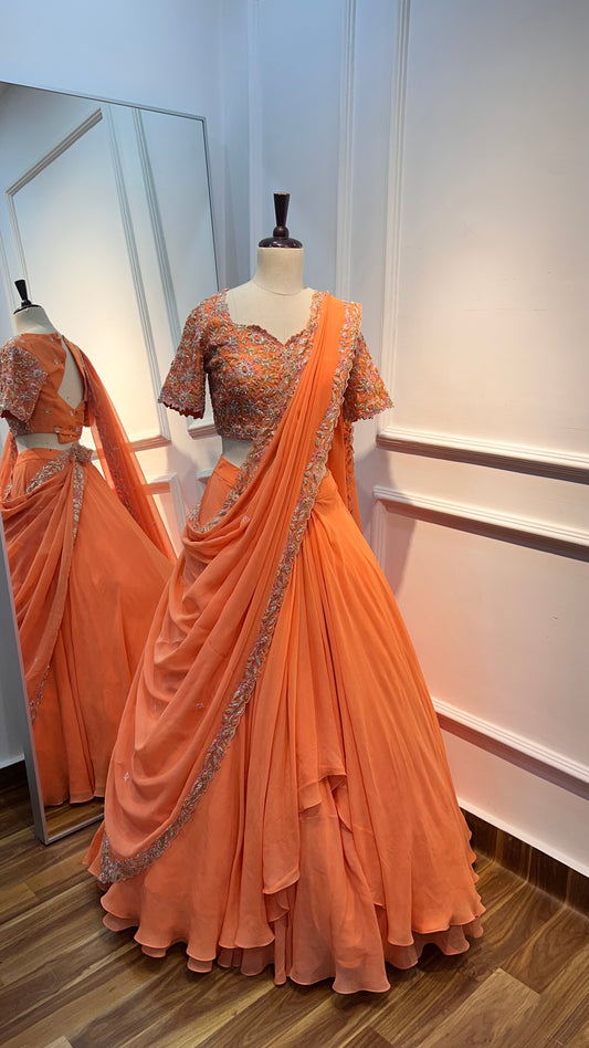 Hand Embroidered Pre-Draped Half Saree in Pure Georgette