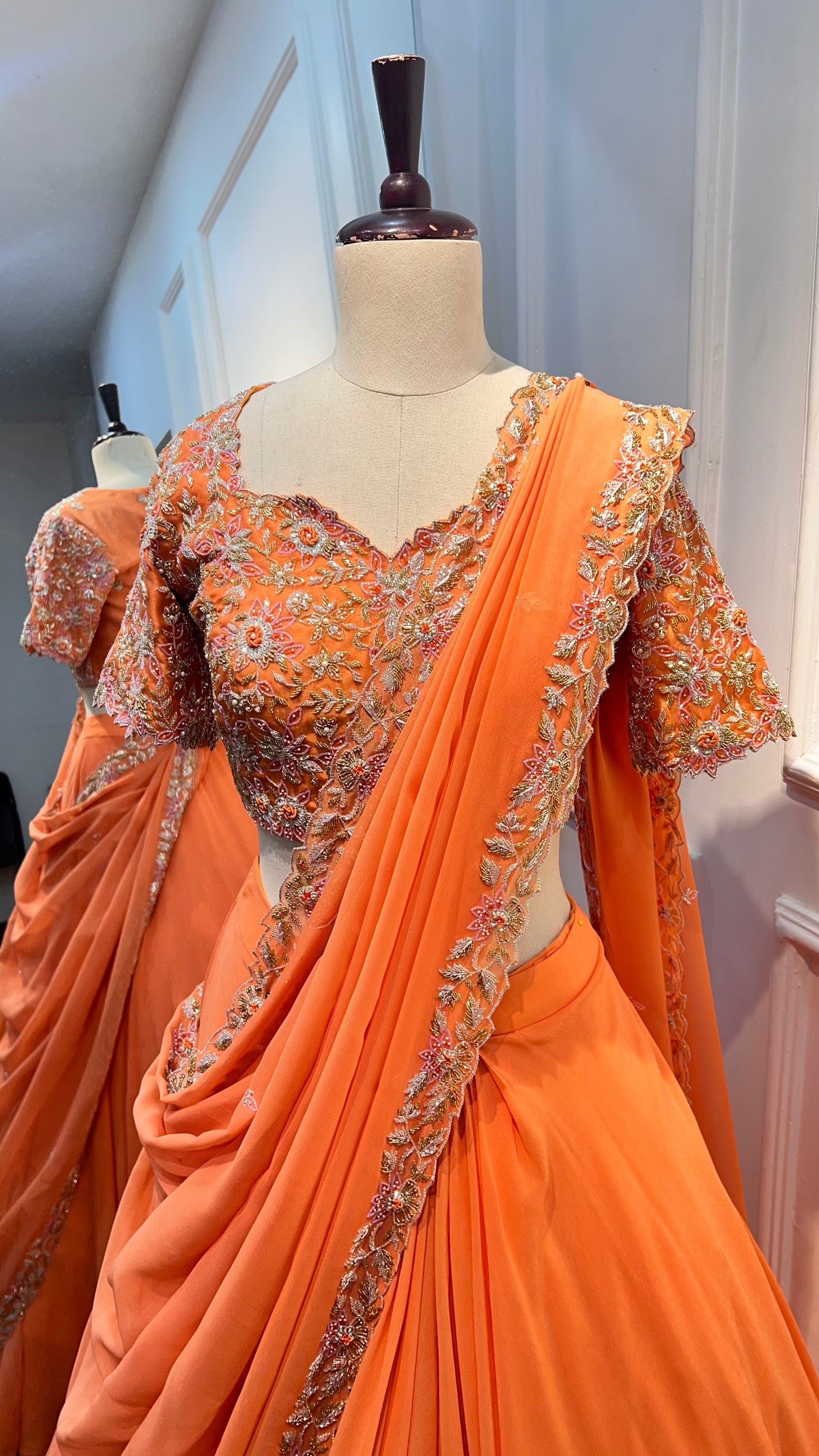 Hand Embroidered Pre-Draped Half Saree in Pure Georgette