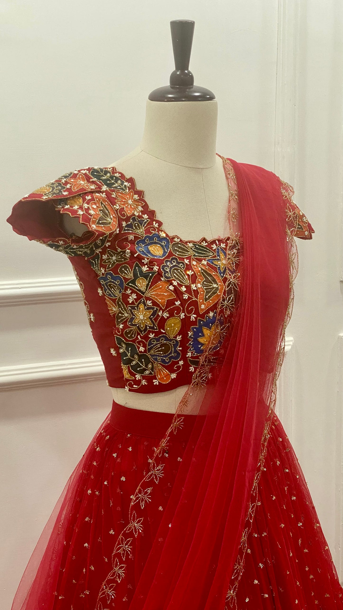Multicolor Hand-Painted Raw Silk Blouse with Net Lehenga Set – Customizable Colors