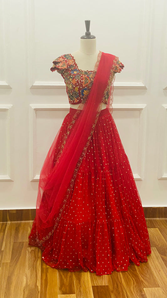 Multicolor Hand-Painted Raw Silk Blouse with Net Lehenga Set – Customizable Colors