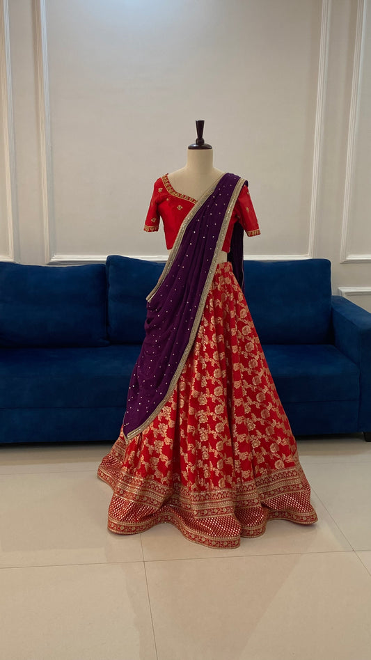 Banarasi Lehenga with Pure Raw Silk Maggam Work Blouse & Chinon Dupatta