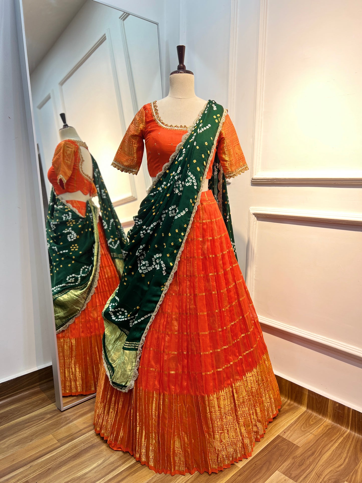Mangalgiri Lehenga Set with Hand Embroidered Raw Silk Blouse & Pure Bandhani Dupatta