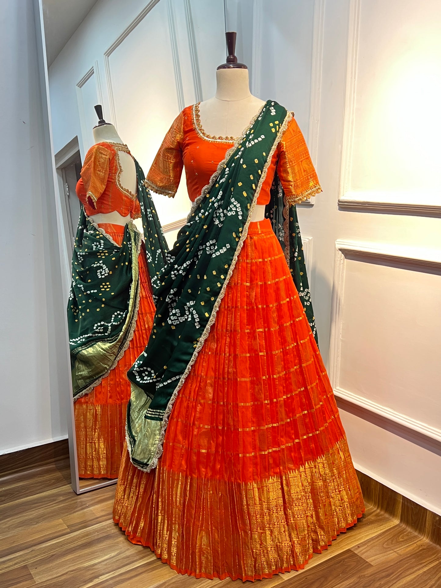 Mangalgiri Lehenga Set with Hand Embroidered Raw Silk Blouse & Pure Bandhani Dupatta