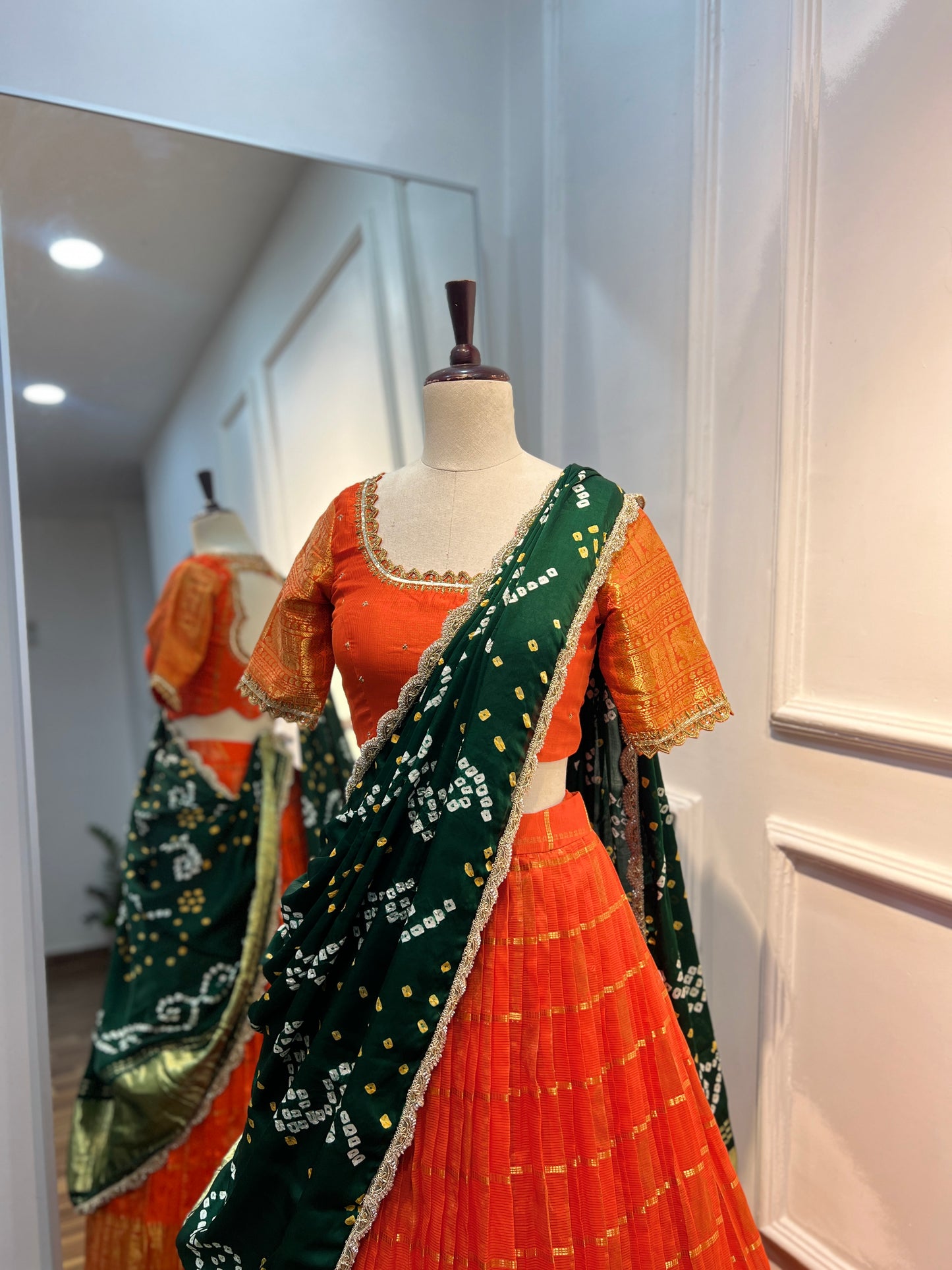 Mangalgiri Lehenga Set with Hand Embroidered Raw Silk Blouse & Pure Bandhani Dupatta