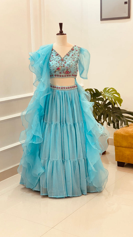 Sky Blue Hand-Embroidered Organza Lehenga Set