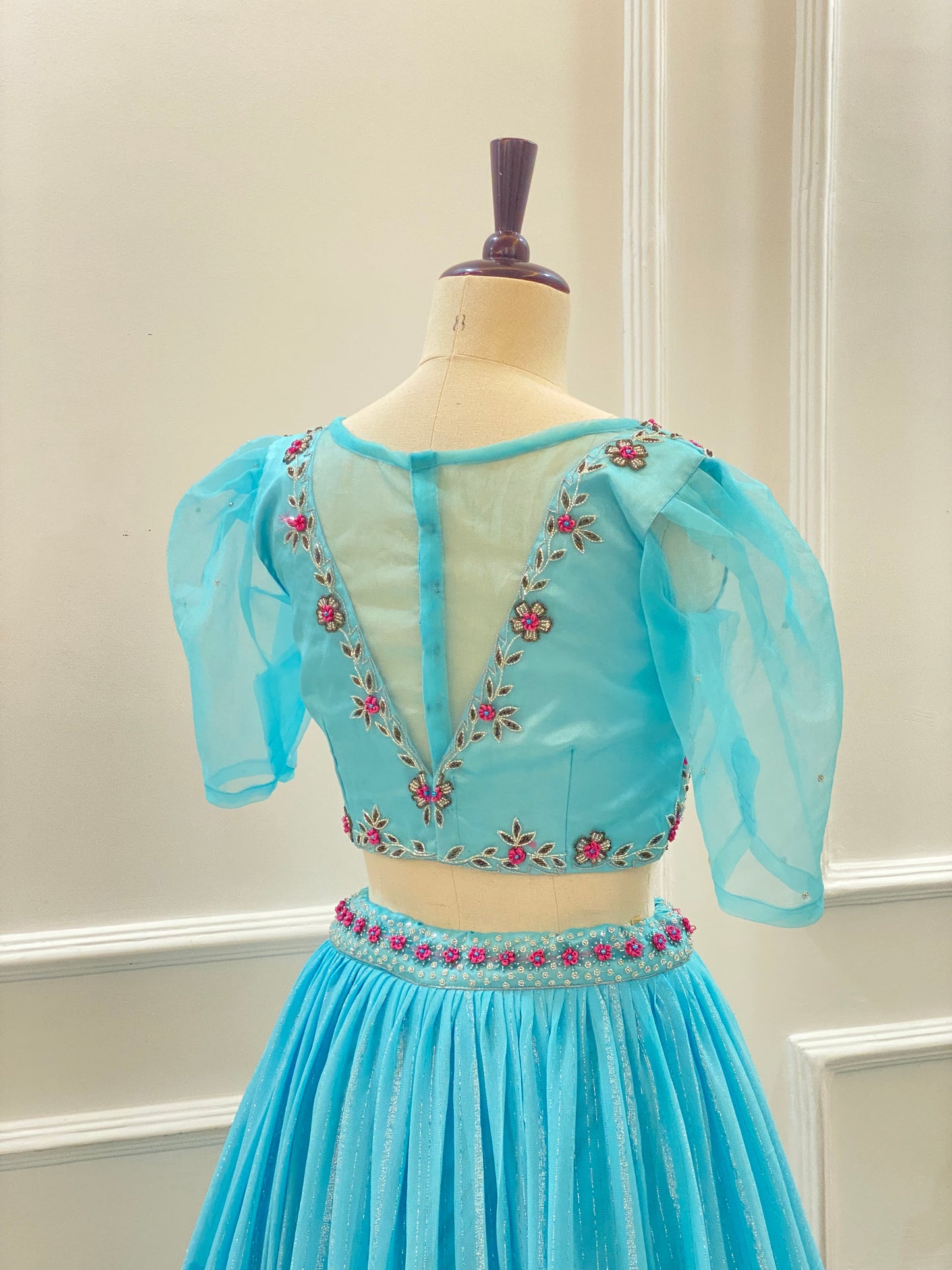 Sky Blue Hand-Embroidered Organza Lehenga Set